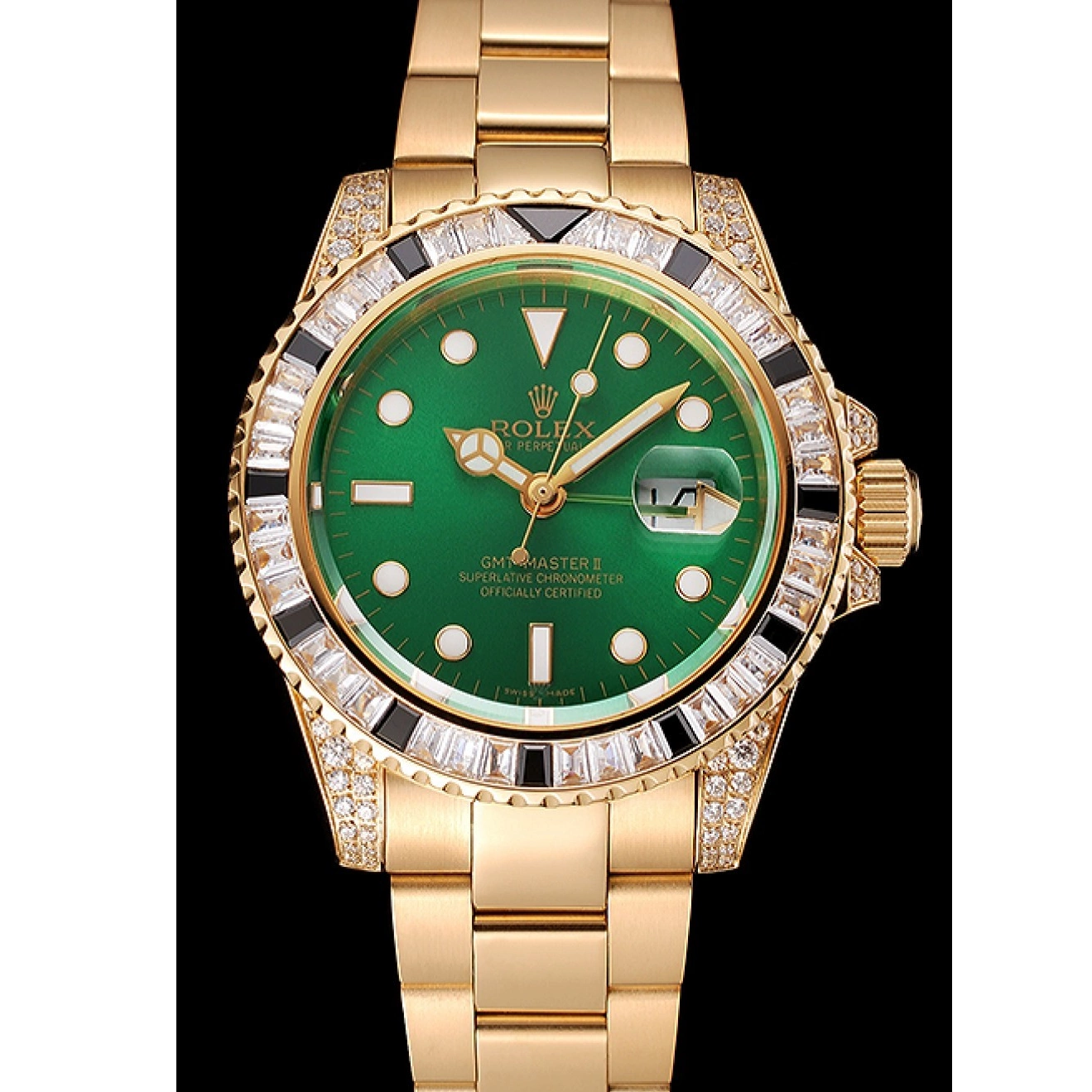 Best AAA Replica Sites Rolex 1453748 Gold Bezel Bracelet GMT Swiss Master Green Set And Case Stone II Dial 0528